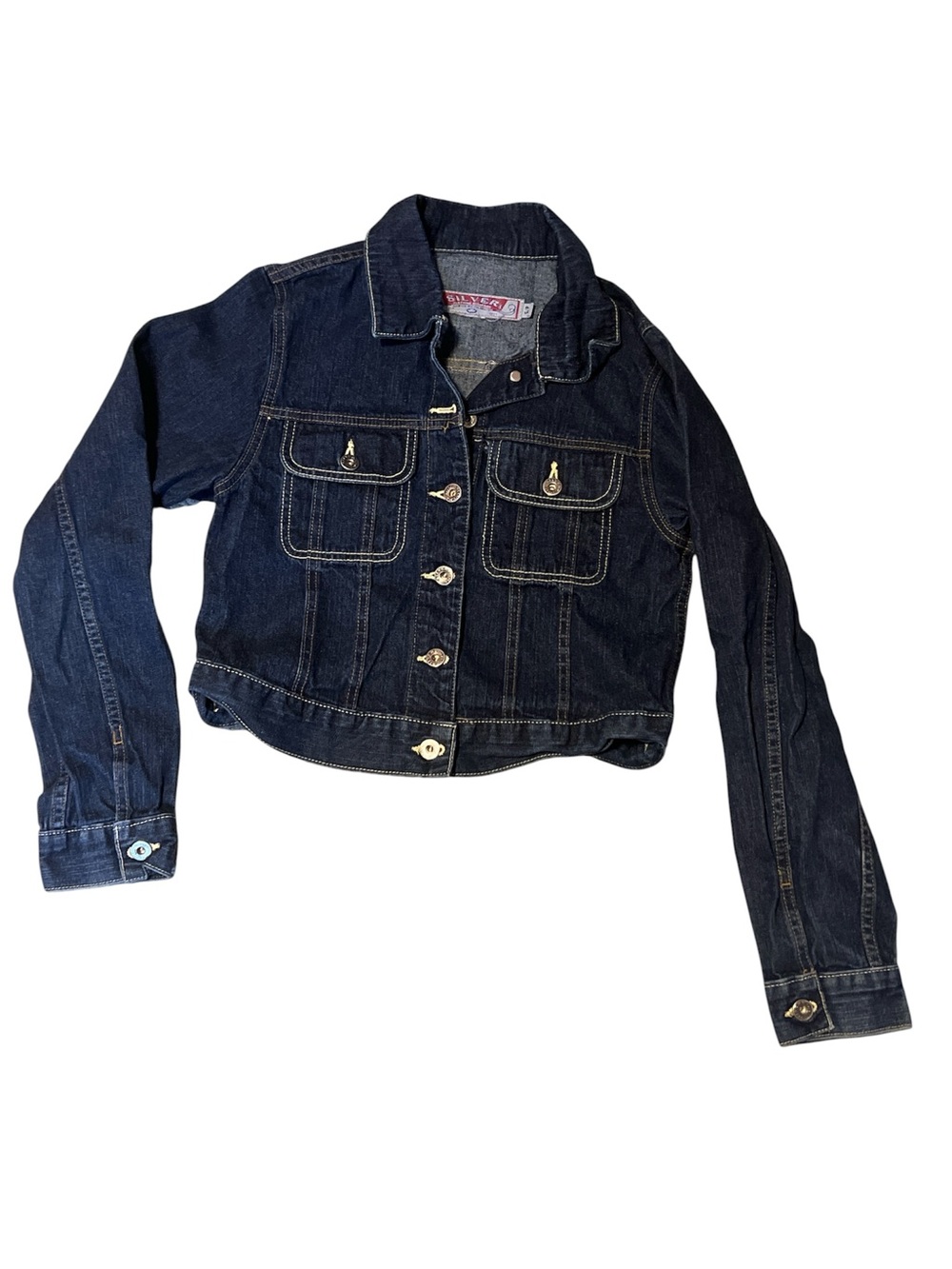 Silver Jeans sz small Dark wash Denim crop Jean Jacket with Button Front